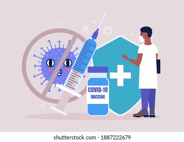 Vaccine concept. Doctor on the background of the vaccine against coronavirus. Vector illustration in a flat style