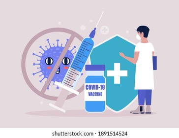 Vaccine concept. Doctor on the background of the vaccine against coronavirus. Vector illustration in a flat style

