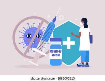 Vaccine concept. Doctor on the background of the vaccine against coronavirus. Vector illustration in a flat style
