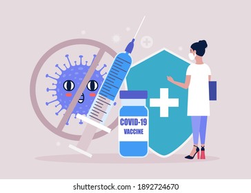 Vaccine concept. Doctor on the background of the vaccine against coronavirus. Vector illustration in a flat style