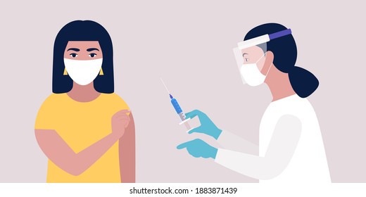 Vaccine concept. Doctor vaccinates young woman against coronavirus. Vector illustration in a flat style