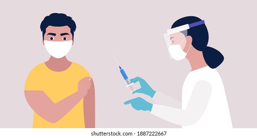 Vaccine concept. Doctor vaccinates young man against coronavirus. Vector illustration in a flat style
