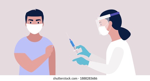 Vaccine concept. Doctor vaccinates young man against coronavirus. Vector illustration in a flat style