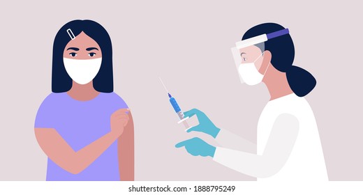 Vaccine concept. Doctor vaccinates young woman against coronavirus. Vector illustration in a flat style