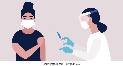 Vaccine concept. Doctor vaccinates young woman against coronavirus. Vector illustration in a flat style