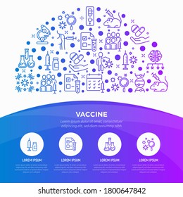 Vaccine concept in half circle with thin line icons: syringe and ampoule, laboratory test, immune system, injection in forearm, covid-19 test, vaccine trials, timetable. Vector illustration.