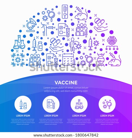 Vaccine concept in half circle with thin line icons: syringe and ampoule, laboratory test, immune system, injection in forearm, covid-19 test, vaccine trials, timetable. Vector illustration.