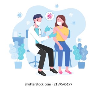 Vaccine concept illustration. Doctor help inject vaccine syringe to patient woman.