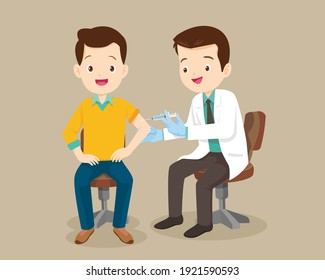 vaccine concept, injection vaccine for man, doctor in a clinic giving a coronavirus vaccine to man.Doctor Successful covid-19 vaccination for people.
