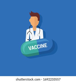 vaccine concept - vaccine pill and doctor.Conceptual vector illustration in flat style design.Isolated on background.
