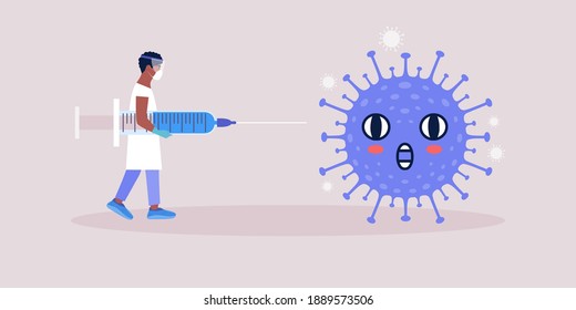 Vaccine concept. Young man with syringe against coronavirus bacteria. Vector illustration in a flat style
