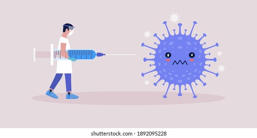 Vaccine concept. Young man with syringe against coronavirus bacteria. Vector illustration in a flat style