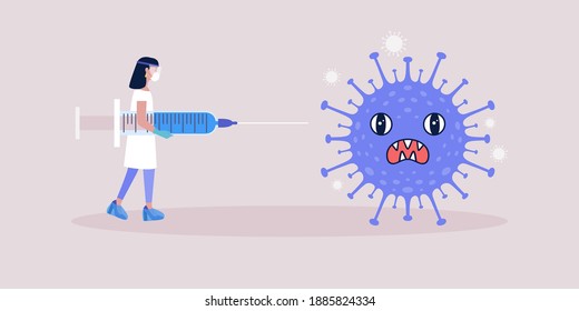 Vaccine concept. Young woman with syringe against coronavirus bacteria. Vector illustration in a flat style