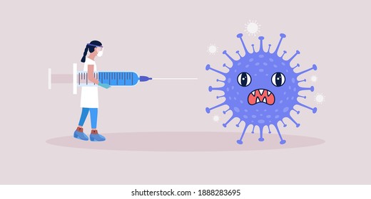 Impfkonzept. Junge Frau mit Spritze gegen Coronavirus-Bakterien. Vektorgrafik im Flachstil