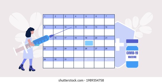 Vaccine concept. Young woman with syringe against and vaccine calendar. Vector illustration in a flat style
