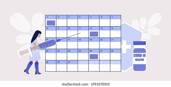 Vaccine concept. Young woman with syringe against and vaccine calendar. Vector illustration in a flat style