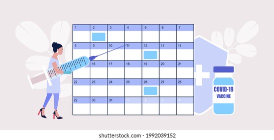 Vaccine concept. Young woman with syringe against and vaccine calendar. Vector illustration in a flat style