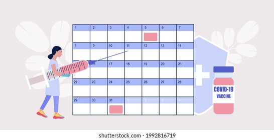 Vaccine concept. Young woman with syringe against and vaccine calendar. Vector illustration in a flat style