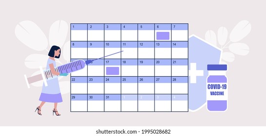 Vaccine concept. Young woman with syringe against and vaccine calendar. Vector illustration in a flat style