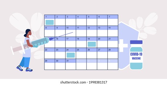 Vaccine concept. Young woman with syringe against and vaccine calendar. Vector illustration in a flat style