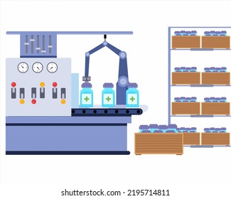 Máquina transportadora de vacunas y cremallera llena de botellas de medicina a suministrar. producción de medicamentos. ilustración vectorial plana.