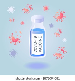 The vaccine for coronavirus. A bottle of anti-coronavirus medicine. Victory over the coronavirus. Destruction of the virus. vector illustration