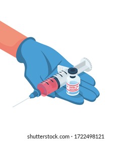 Vaccine coronavirus concept. Syringe with an ampoule hold in hand doctor. Medicine in bottle. Vector illustration isometric 3d design. Injection from viruses COVID-19. Laboratory sample in glass tube.