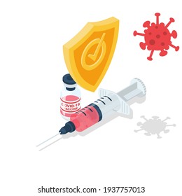 Vaccine coronavirus concept. Syringe with an ampoule under the security shield. Medicine in bottle. Injection from viruses COVID-19. Laboratory sample in glass tube. Vector isometric 3d design.
