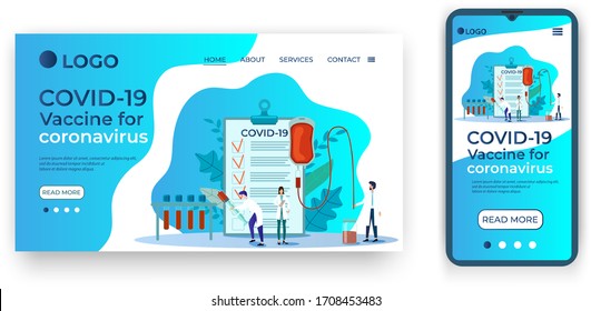 Vaccine for coronavirus covid19.Template for the user interface of the website's home page.Landing page template.The adaptive design of the smartphone.vector illustration.