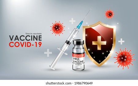 Vaccine for Coronavirus disease COVID-19 with Realistic Vaccine Bottle Syringe and shield. Time to Vaccinate concept, vector illustration