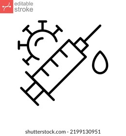 Vaccine coronavirus treatment droplet vaccination line icon. Syringe healing earth, Covid-19, against Pandemic from earth. Editable stroke vector illustration design on white background EPS 10