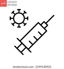 Vaccine coronavirus treatment vaccination line icon. Syringe healing earth For Covid-19, against Pandemic from earth. Editable stroke vector illustration design on white background EPS 10