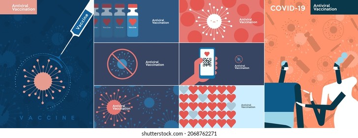 Vaccine. Coronavirus vaccination. Big set. Collection of vector illustrations. Simple, flat design. Patterns and backgrounds. Perfect for poster, cover, banner.