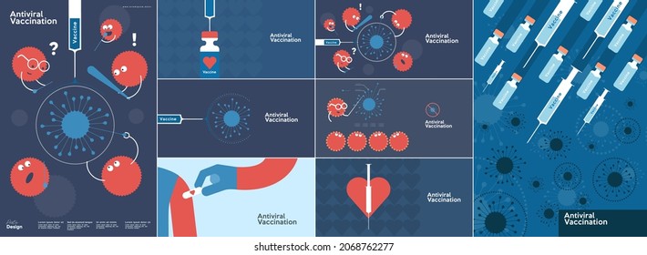 Impfstoff. Impfung mit Coronavirus. Großes Set. Sammlung von Vektorgrafiken. Einfaches, flaches Design. Muster und Hintergründe. Perfekt für Poster, Cover, Banner.