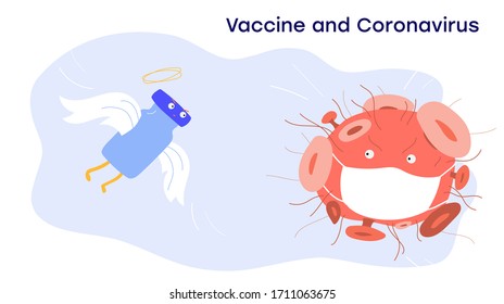 Vaccine and Coronavirus. Vector cartoon flat illustration. New vaccine kill corona virus. World pandemic. Protection. Vaccination
