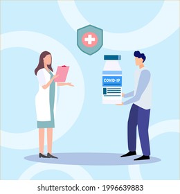 Vaccine for covid 19 concept, a lady doctor holding document, a man holding vial vaccine 