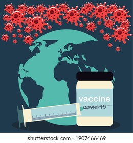 vaccine covid 19 coronavirus world medicine vial and syringe vector illustration