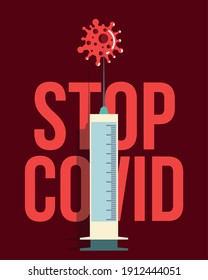 vaccine covid 19 stop coronavirus medicine and syringe vector illustration