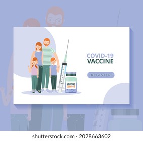 vaccine covid 19 template with family and syringe. vector illustration