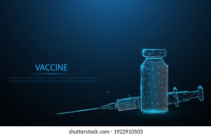 Vaccine Covid-19 corona virus vaccination with vaccine bottle for covid19 immunization treatment.  glowing blue. Low polygon, particle, and triangle style design.Wireframe light connection structure.