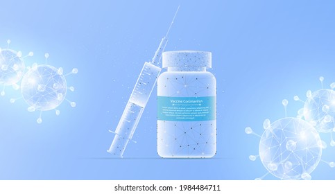 Vaccine Covid-19 corona virus vaccination with vaccine bottle for covid19 treatment. Vaccine and Syringe Injection. COVID-19 Vaccine. White Low Poly and Wireframe Design for banner template