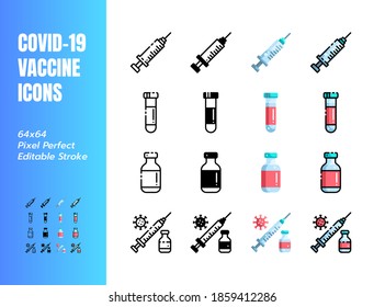 Vaccine for Covid-19, Coronavirus. 4 Styles Icons. Such Icons as Line, Outline, Solid Glyph, Flat, Filled. 64x64 Pixel Perfect. Editable Stroke. Vector.