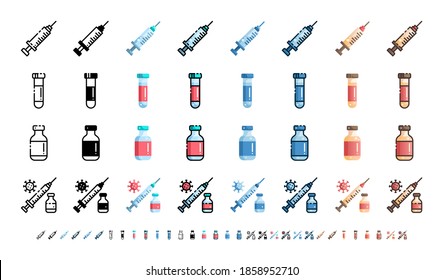 Vaccine for Covid-19, Coronavirus. 8 Styles Icons. Such Icons as Line, Outline, Solid Glyph, Flat, Monochrome, Gradient, 64x64 Pixel Perfect. Editable Stroke. Vector.