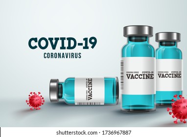 Vaccine for covid-19 coronavirus vector banner. Coronavirus vaccine bottle for covid-19 treatment, cure, immunization and clinical research. Vector illustration.
