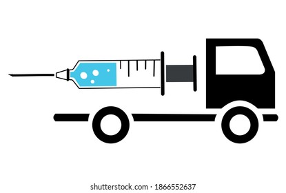 Vaccine COVID-19. Isolated vector image of coronavirus vaccine transport by truck. Distribution concept.