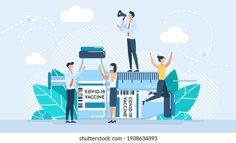 Vaccine Covid-19. Patient doubts to be vaccinated. Doctors call for vaccination. Flat vector illustration. Covid-19 corona virus vaccination with vaccine bottle and syringe injection tool for covid19