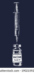 Vaccine Covid-19 syringe and vial medicine bottle vector drawing, White drawing on dark blue background. Fight against coronavirus. Vaccination, immunization, treatment