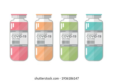 Vaccine COVID-19 vector icon. Color vaccine vials, bottles of medicine. Coronavirus concept. Flat icons of a medical ampoules. Isolated vector illustration