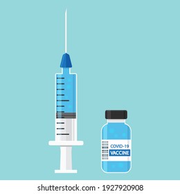 Vaccine COVID-19 vector icon. Syringe and blue vaccine vial, bottle of medicine on blue background. Coronavirus concept. Health illustration