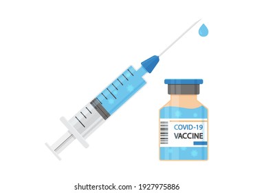 Vaccine COVID-19 vector icon. Syringe and blue vaccine vial, bottle of medicine on blue background. Coronavirus concept. Health illustration